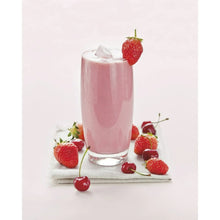 Pink smoothie in tall glass with strawberries and ice cubes on tray