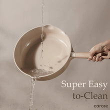 Ceramic nonstick saute pan with wood handle pouring water, for easy cleaning