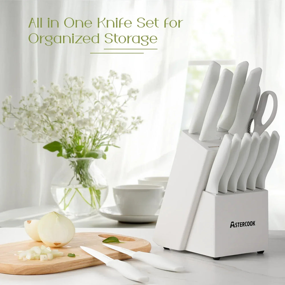 Astercook Knife Set, 14 Pieces Kitchen Knives Set with Healthy Anti-Rust Coating, Stainless Steel Knife Sets with Built-in Sharpener, Sharp & Rust Resistant Dishwasher Safe - USA MEGA SHOP