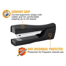 Black manual standup stapler with ergonomic curved handle and rubberized grip
