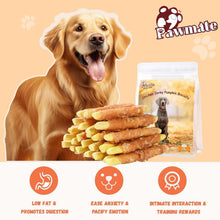 Chicken jerky wrapped pumpkin biscuit dog treats with clear resealable package and stacked chews.