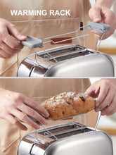 Stainless steel retro toaster with warming rack and extra-wide slots, silver body
