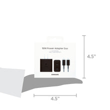 Samsung 50W Duo power adapter, black AC plug with dual USB-C outputs