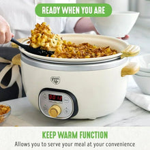 Cream slow cooker with open lid showing food and front digital control panel
