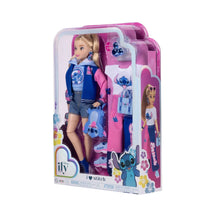 Disney Ily Stitch deluxe fashion doll shown in retail packaging with pink and blue clothes.