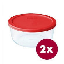 Pyrex Simply Store glass food storage container with red lid, 2x badge