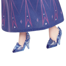 Elsa fashion doll with purple skirt featuring icy graphics and blue high-heel shoes