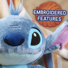 Blue plush alien face with purple ears and embroidered eye details, soft fuzzy texture.
