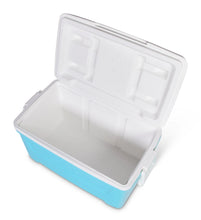 Hard-sided ice chest cooler with open lid, aqua blue sides and white interior