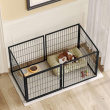 Black wire dog kennel with padded mat, two dogs resting inside.
