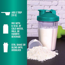 Organic pumpkin seed protein shake preparation with shaker cup and powder on counter