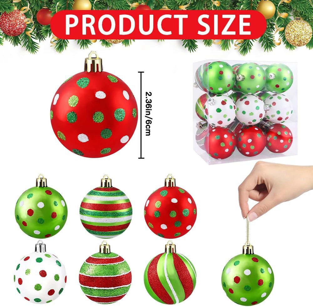 18-Pack Christmas Ornament Balls, 2.4 Inch Glittered Plastic Baubles with Polka Dot Designs, Red Green White Hanging Decor for Xmas Tree, Home, Party