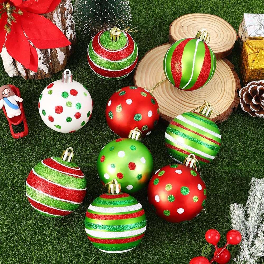 18-Pack Christmas Ornament Balls, 2.4 Inch Glittered Plastic Baubles with Polka Dot Designs, Red Green White Hanging Decor for Xmas Tree, Home, Party