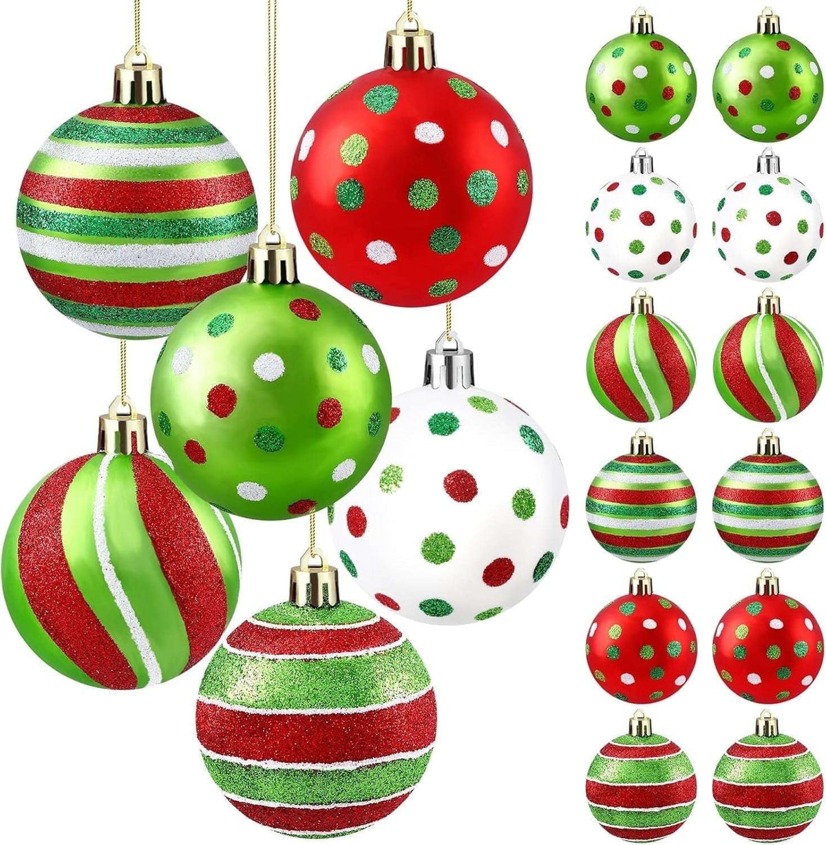 18-Pack Christmas Ornament Balls, 2.4 Inch Glittered Plastic Baubles with Polka Dot Designs, Red Green White Hanging Decor for Xmas Tree, Home, Party