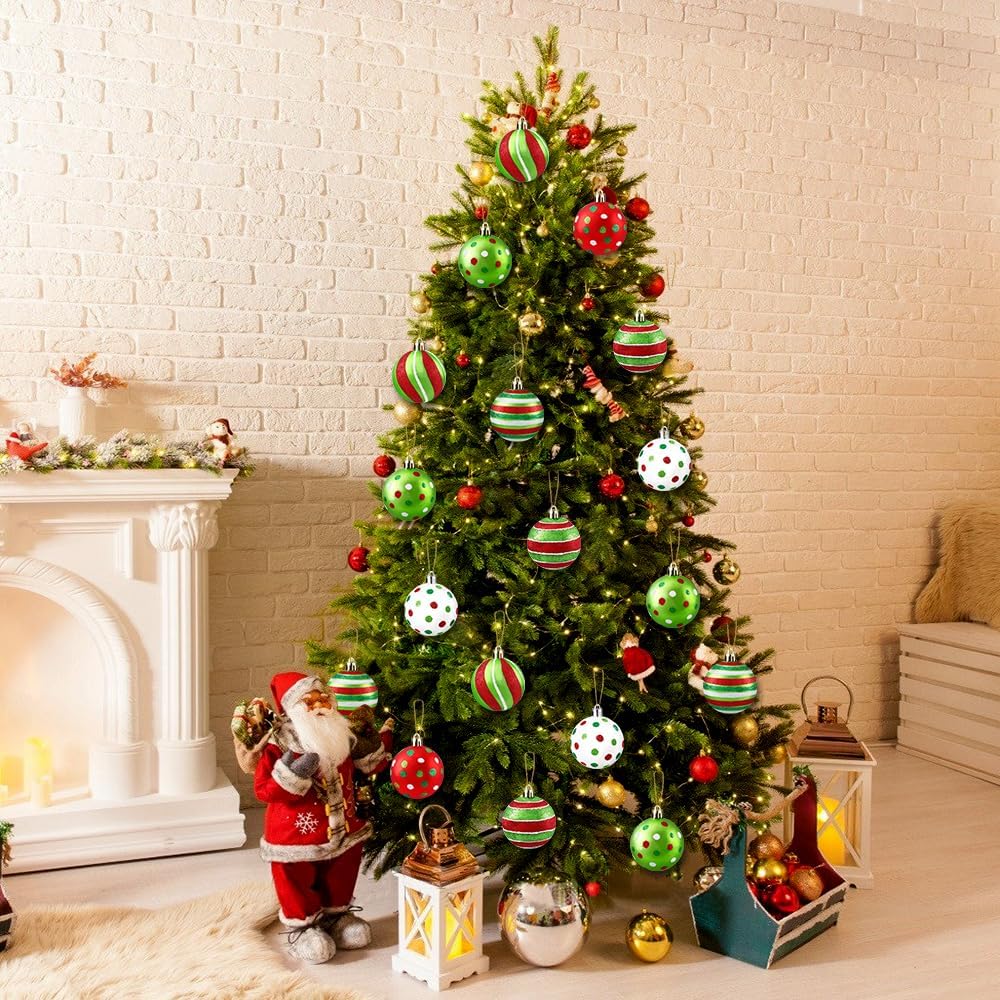 18-Pack Christmas Ornament Balls, 2.4 Inch Glittered Plastic Baubles with Polka Dot Designs, Red Green White Hanging Decor for Xmas Tree, Home, Party