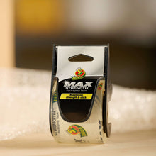 Clear packing tape roll in black dispenser with Max Strength label