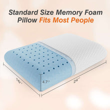 Standard-size memory foam pillow with white top and blue perforated section, quilted surface