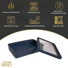 Silicone baking dish and lid set in Atlantic blue with speckled dots