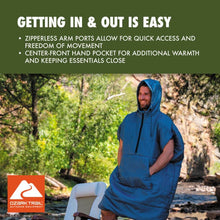 Blue wearable sleeping bag worn by a person, hood up and zip-front closed.