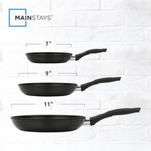 Black nonstick skillet set with 7 in, 9 in, and 11 in pans and riveted handles