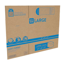 Large kraft moving box exterior with blue accents and 27 x 15 x 17 in label