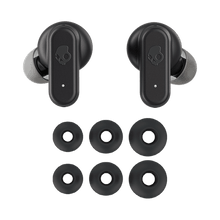 Skullcandy Dime EVO XT earbuds with multiple black ear tips, front view