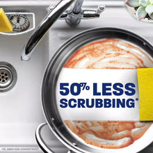 Dishwashing liquid 50% less scrubbing claim shown on a soiled pot being washed