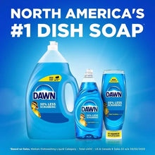 Dawn dishwashing liquid bottles set with '50% less scrubbing' claim in multiple sizes