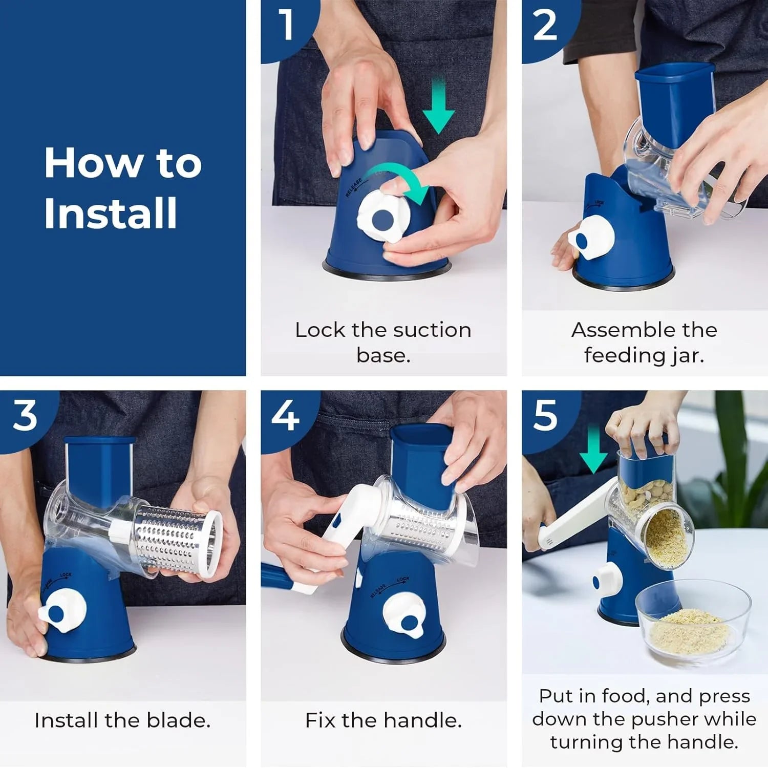 3 in 1 Cheese Grater Rotary, Cheese Shredder Grater for Kitchen Grater Slicer with 3 Replacement Blades, Potato Slicer Vegetable Chopper with Suction Base