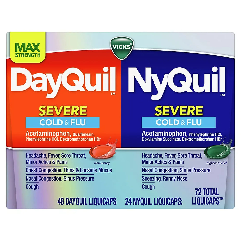 Vicks DayQuil & NyQuil Severe Co-Pack, Cold & Flu Over-the-Counter Medicine, Powerful Relief, 72 ct. - USA MEGA SHOP