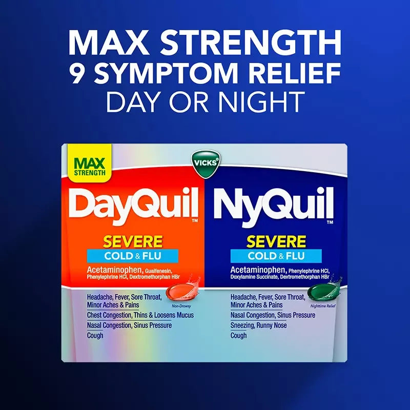 Vicks DayQuil & NyQuil Severe Co-Pack, Cold & Flu Over-the-Counter Medicine, Powerful Relief, 72 ct. - USA MEGA SHOP
