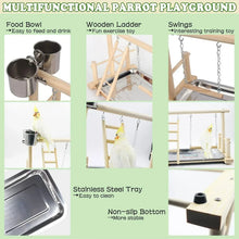 Wooden parrot play stand features: metal food bowls, ladder, swings, stainless tray