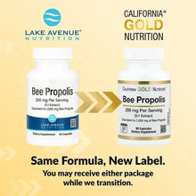 Bee propolis dietary supplement bottles, showing new label transition notice