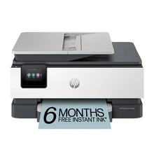 HP all-in-one printer front view with touchscreen control panel and paper tray