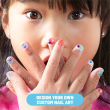 Child showing custom nail art with multicolor glitter designs on fingertips