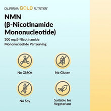 NMN supplement ingredient icons card with no GMO, no gluten, vegetarian
