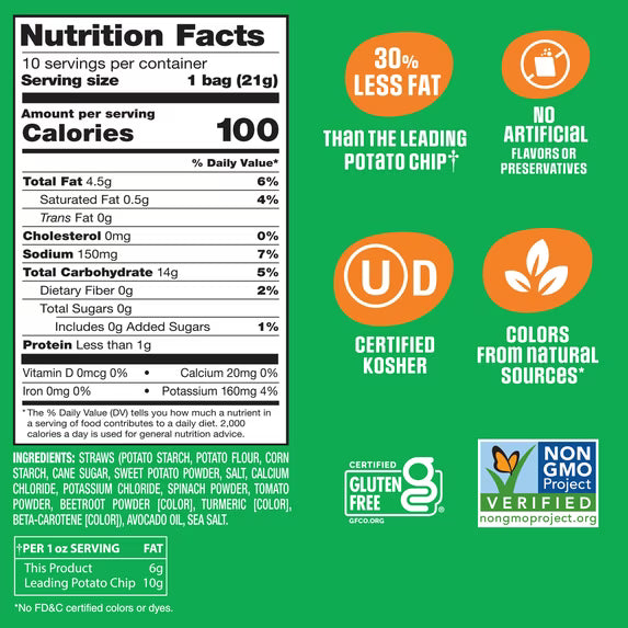 Sensible&nbsp;Portions&nbsp;Garden&nbsp;Veggie&nbsp;Straws Made with Avocado Oil,&nbsp;Sea&nbsp;Salt&nbsp;Flavor,&nbsp;0.75 oz Snack Bag, 10 Count