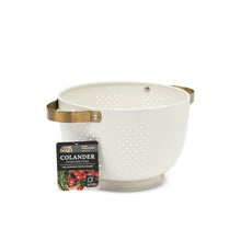 Thyme & Table cream colander with gold handles, shown with package.