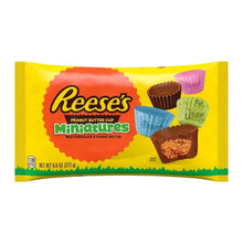 Reese's Miniatures milk chocolate peanut butter cups bag, yellow with cup graphics and logo