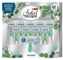 Disposable 5-blade women's razor set with green handle and blue cartridge, 9 count