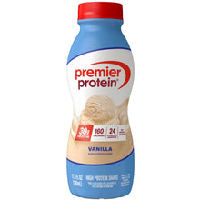 Vanilla protein shake bottle with blue label and red cap