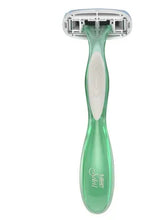 Disposable 5-blade razor with green handle and exposed silver blade cartridge