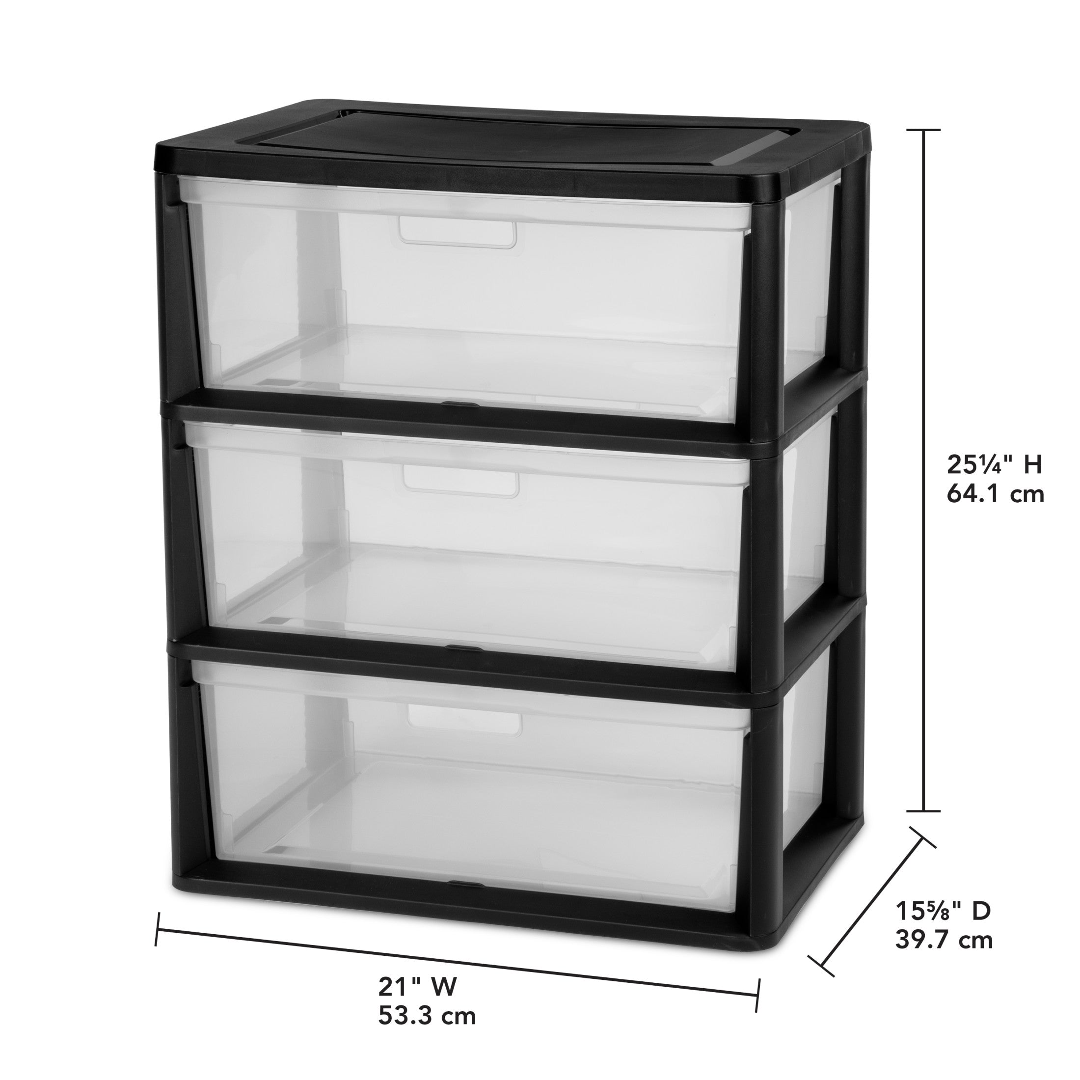 Sterilite Wide 3 Drawer Tower, Plastic Storage Organizer with Removable Clear Bins, Easy to Assemble - No Tools Needed, Black