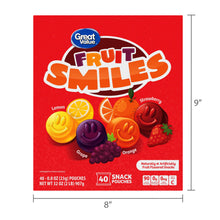 Great Value Fruit Smiles snack pouches front with size markings in inches