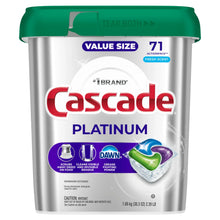 Cascade Platinum dishwasher detergent pods canister, green lid, 71 packs, fresh scent, tear tabs