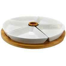 Lazy Susan serving tray with five white ceramic bowls on wooden base and center post