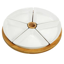 Lazy Susan serving tray with five white ceramic bowl sections and wooden center holder