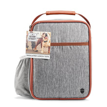 Gray insulated lunch tote with orange trim, front slip pocket, and side mesh pocket