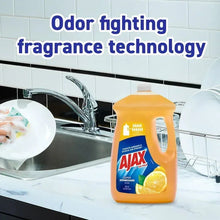 Ajax Ultra Lemon liquid dish soap bottle with orange cap, shown on kitchen sink.