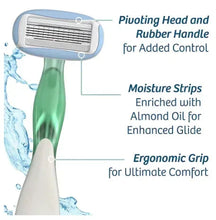 Pivoting 5-blade disposable razor with green rubber handle and blue blade cartridge